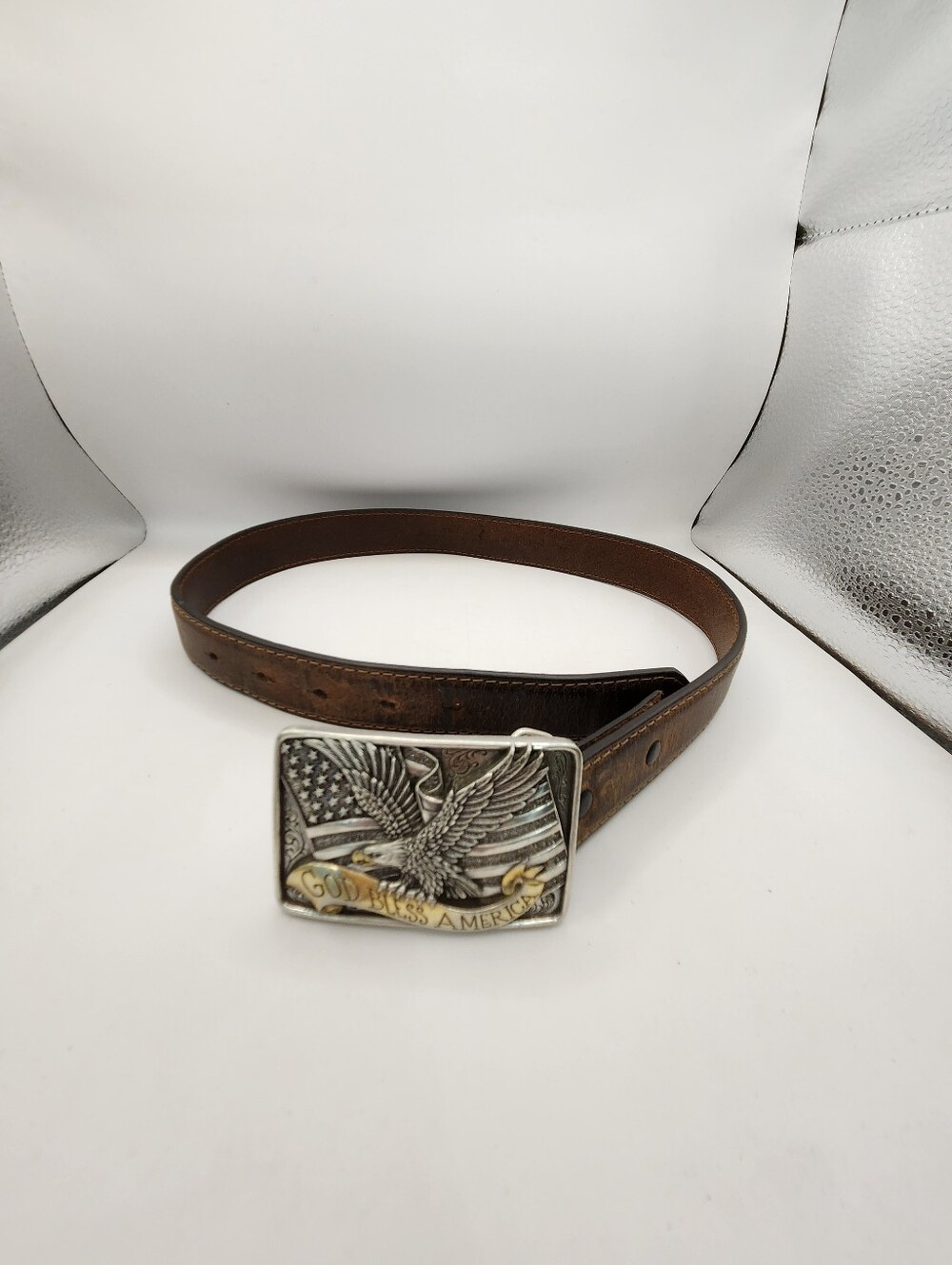 Real Brown Leather Belt with Pattiotic Eagle Buckle